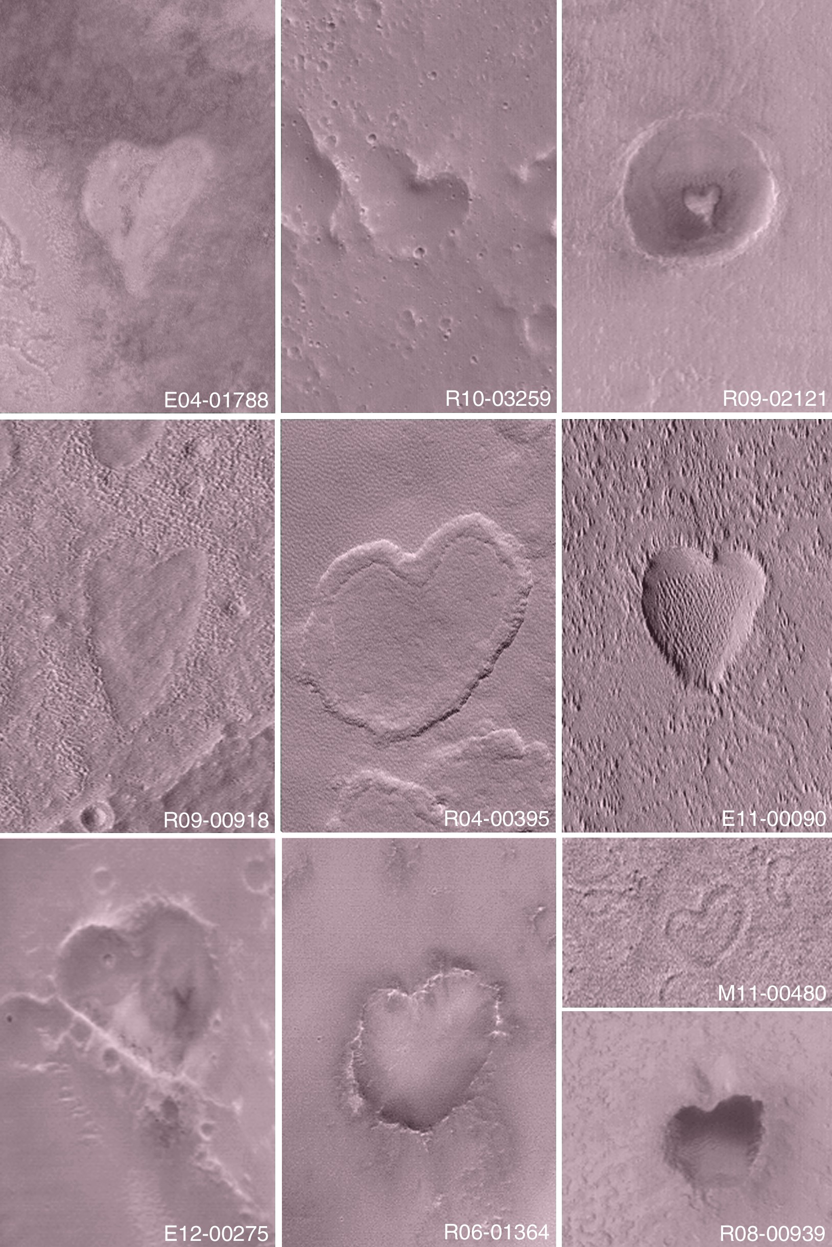 multiple images of heart-shaped craters on Mars taken with the MGS
spacecraft