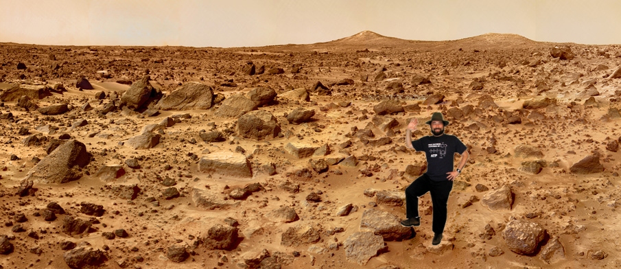 photo of the surface of Mars with Prof. Welsh superimposed. Prof.
Welsh's T-shirt shows the molecule ATP